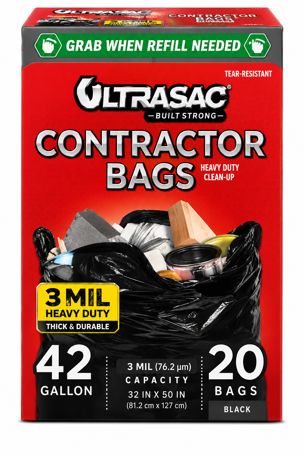 CONTRACTOR TRASH BAGS 42GAL 3MIL 20PK