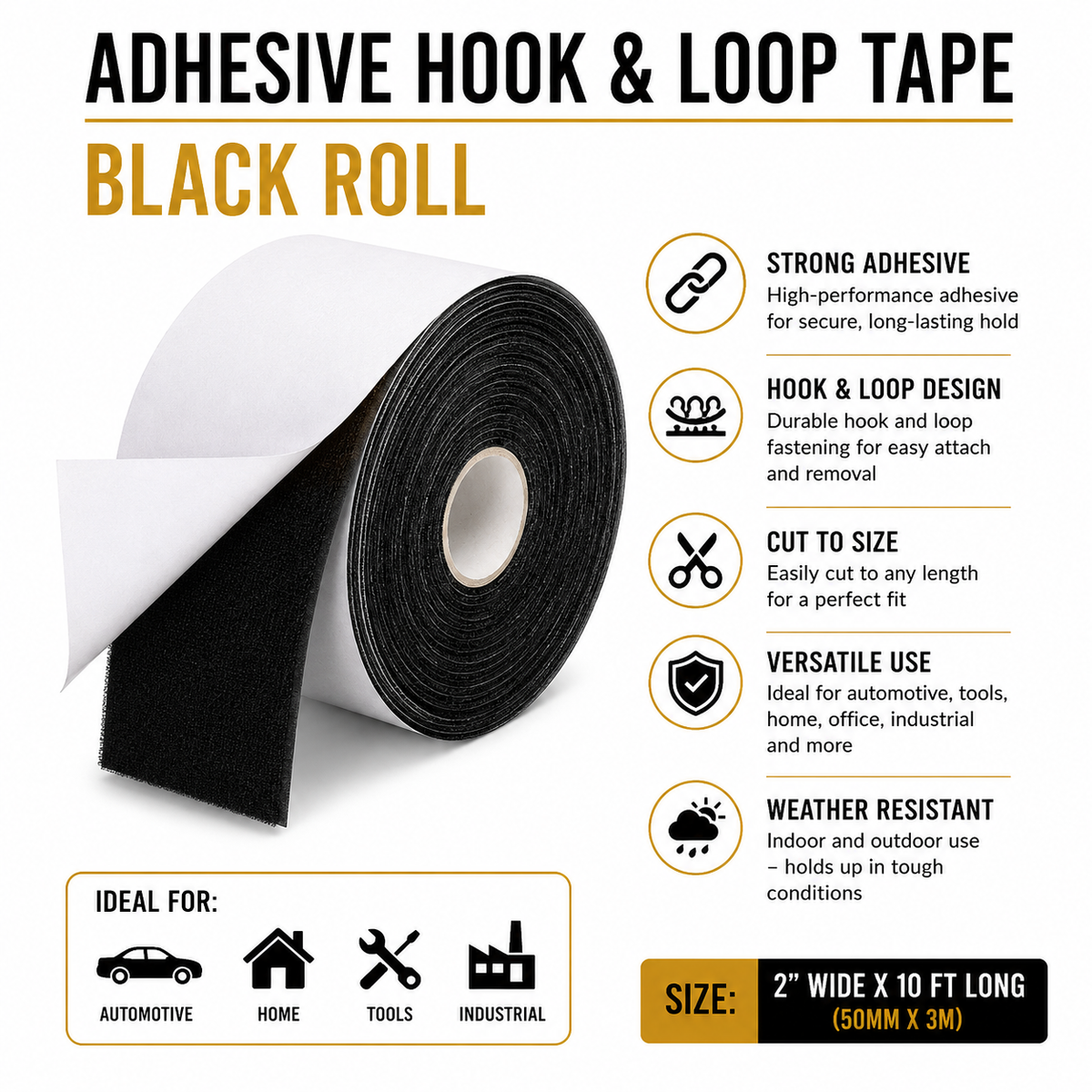 Adhesive Hook & Loop Tape - Black Roll